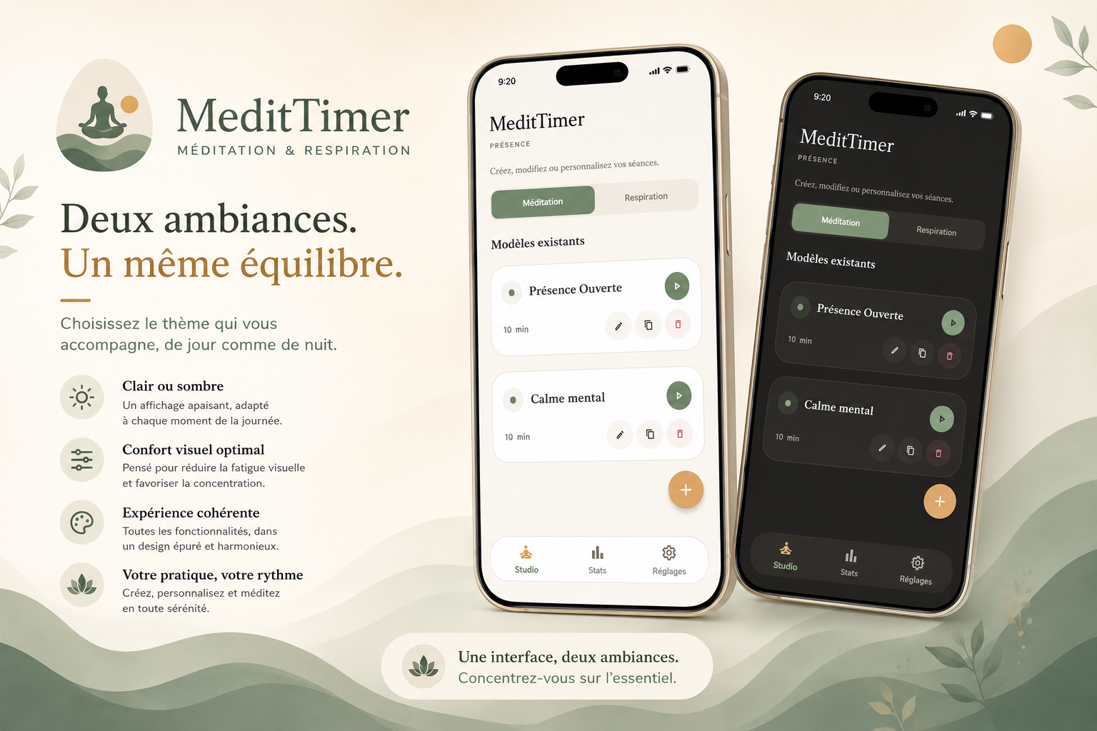 MeditTimer en mode sombre et mode clair : interface épurée et sérénité visuelle