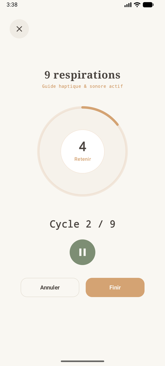 Respiration guidée : cercle animé montrant la phase de rétention en cours
