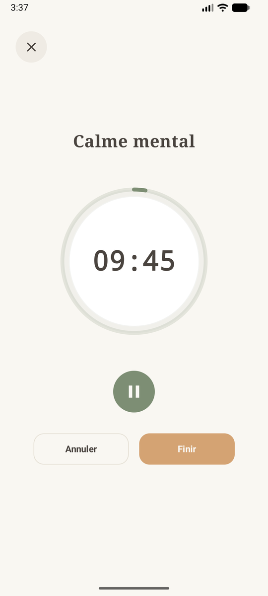 Session de méditation en cours : minuteur circulaire en temps réel et contrôles Pause/Finir