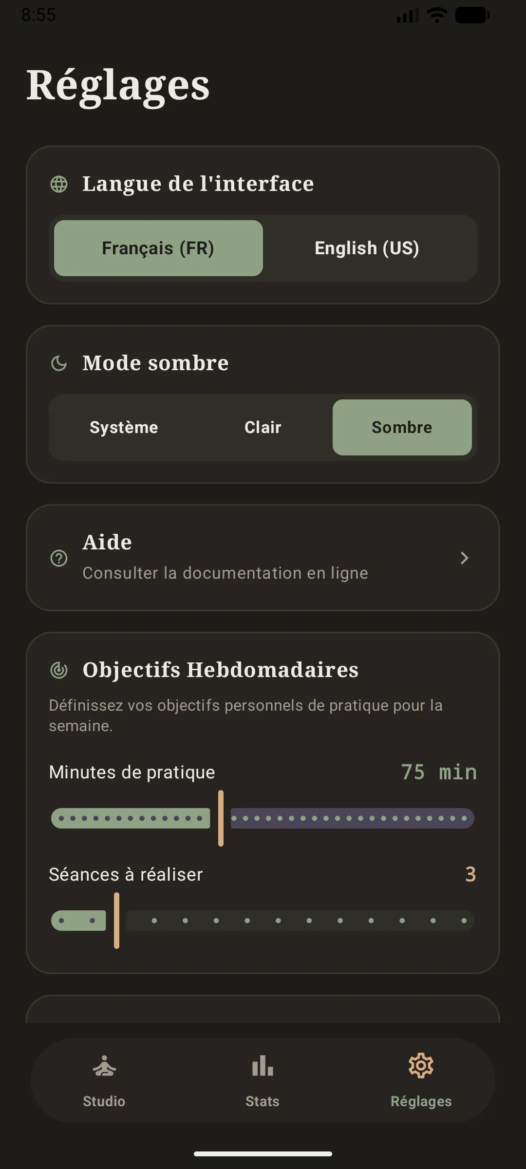 réglages en thème sombre