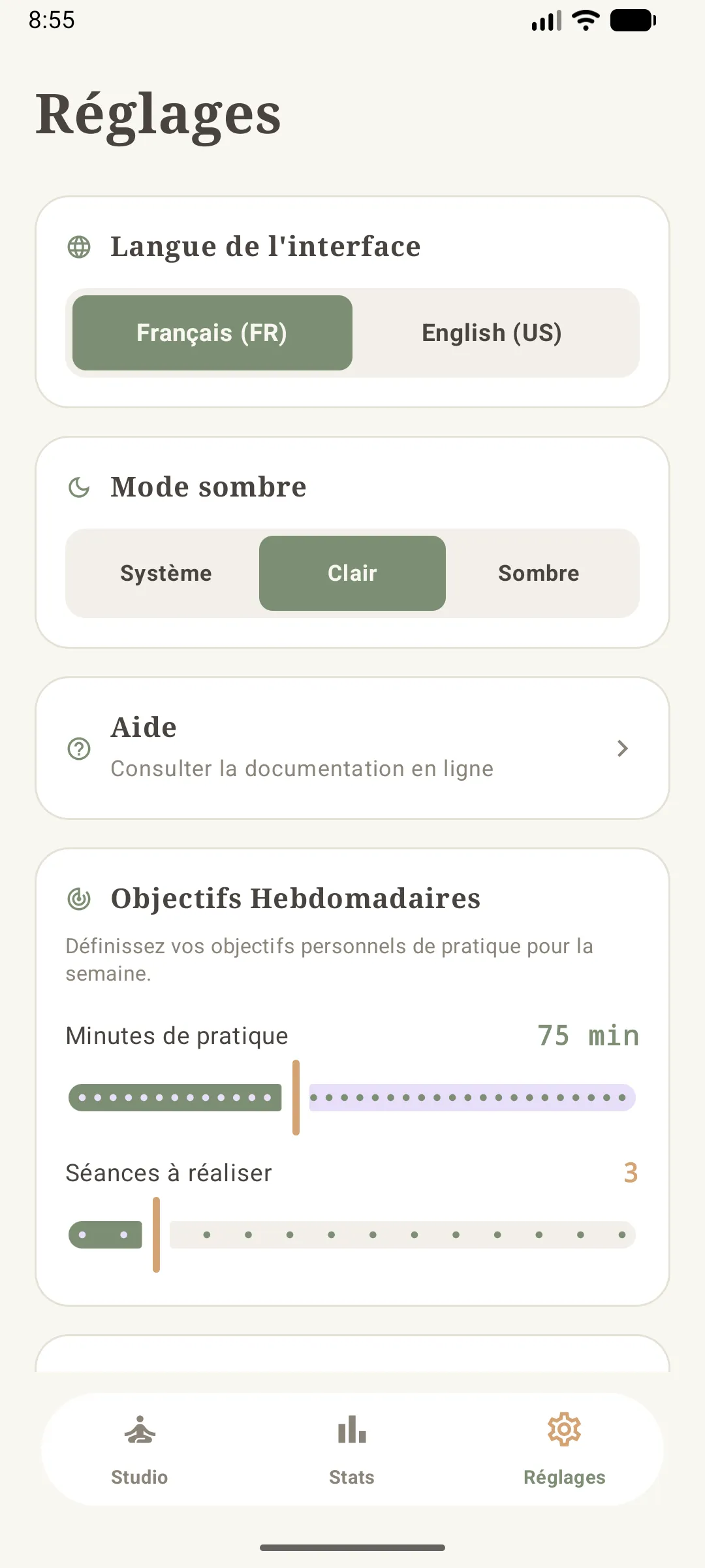 réglages en thème clair