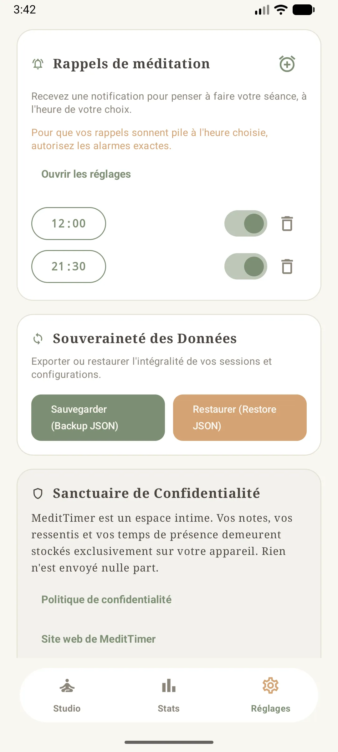 rappels quotidiens, sauvegarde des données et confidentialité