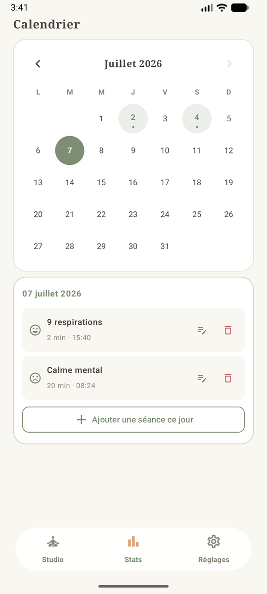 Calendrier interactif avec historique détaillé des séances par jour