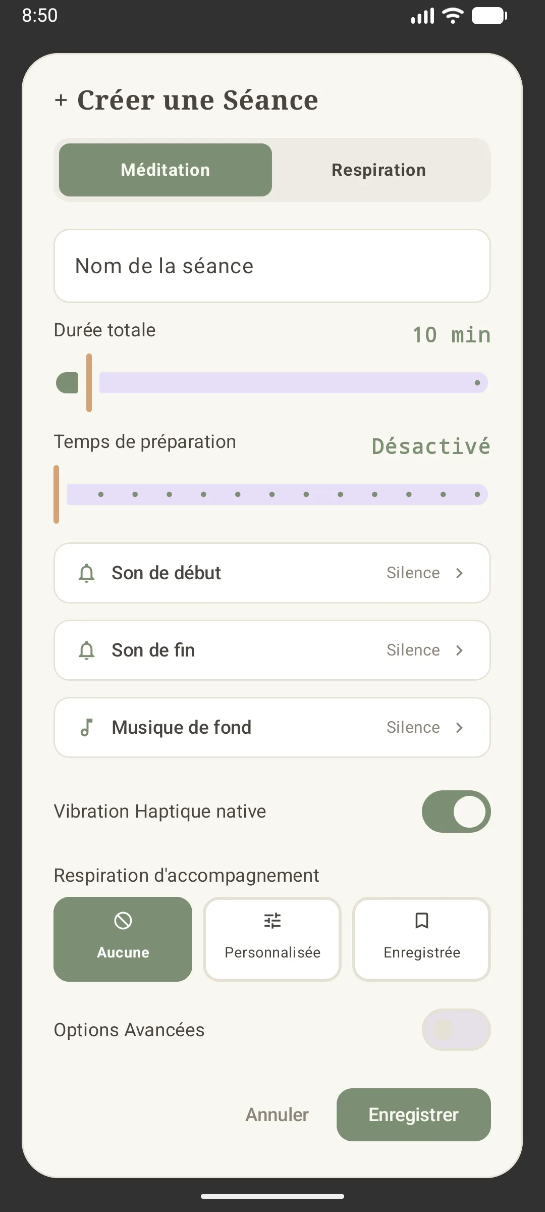 formulaire de création d'une séance de méditation