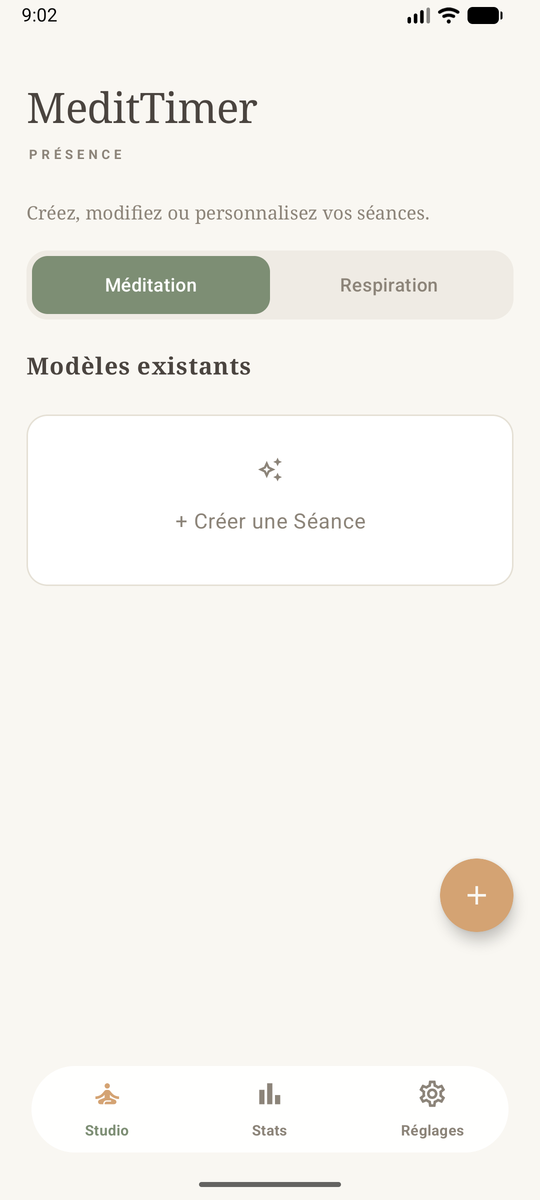 Écran d'accueil et liste des présets de méditation (Studio)