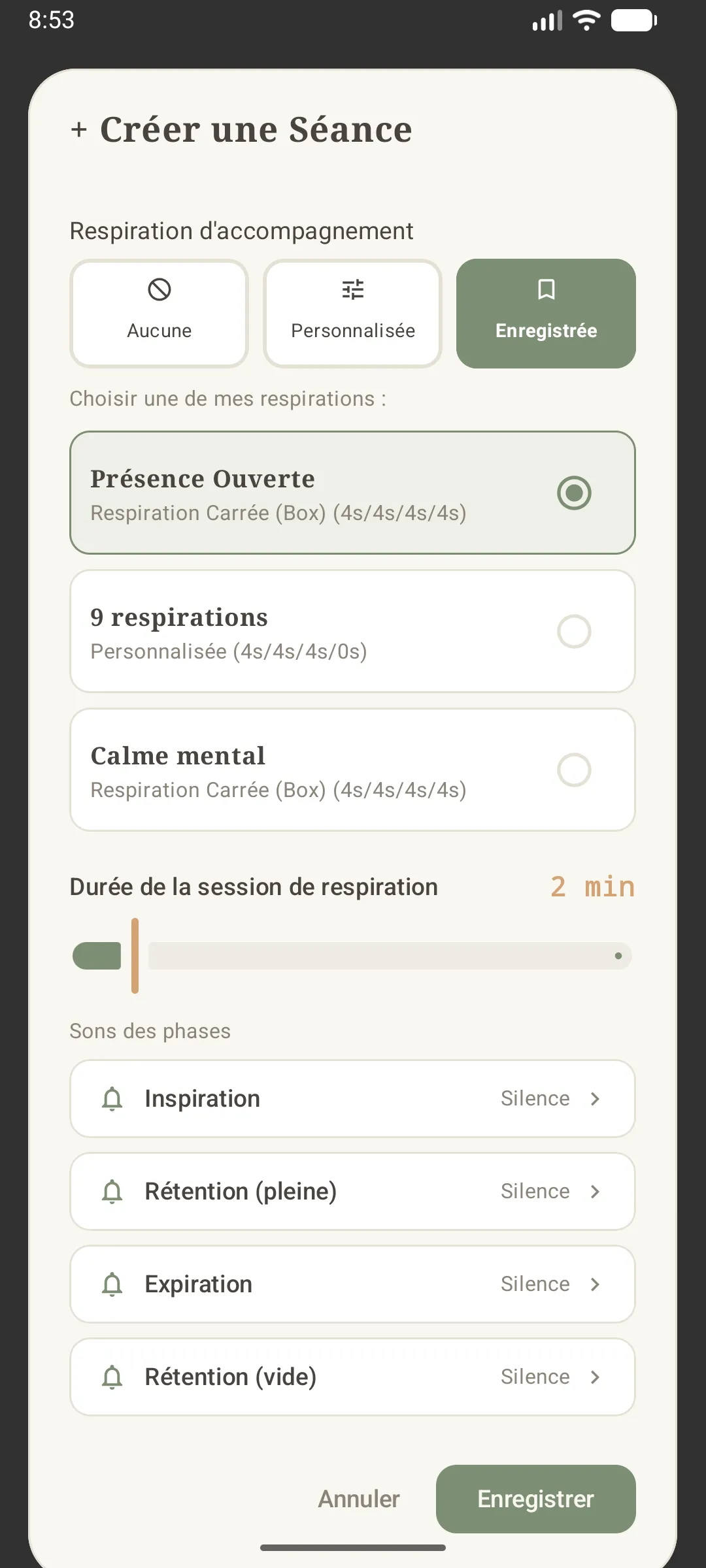 choix d'une respiration enregistrée en mode Temps