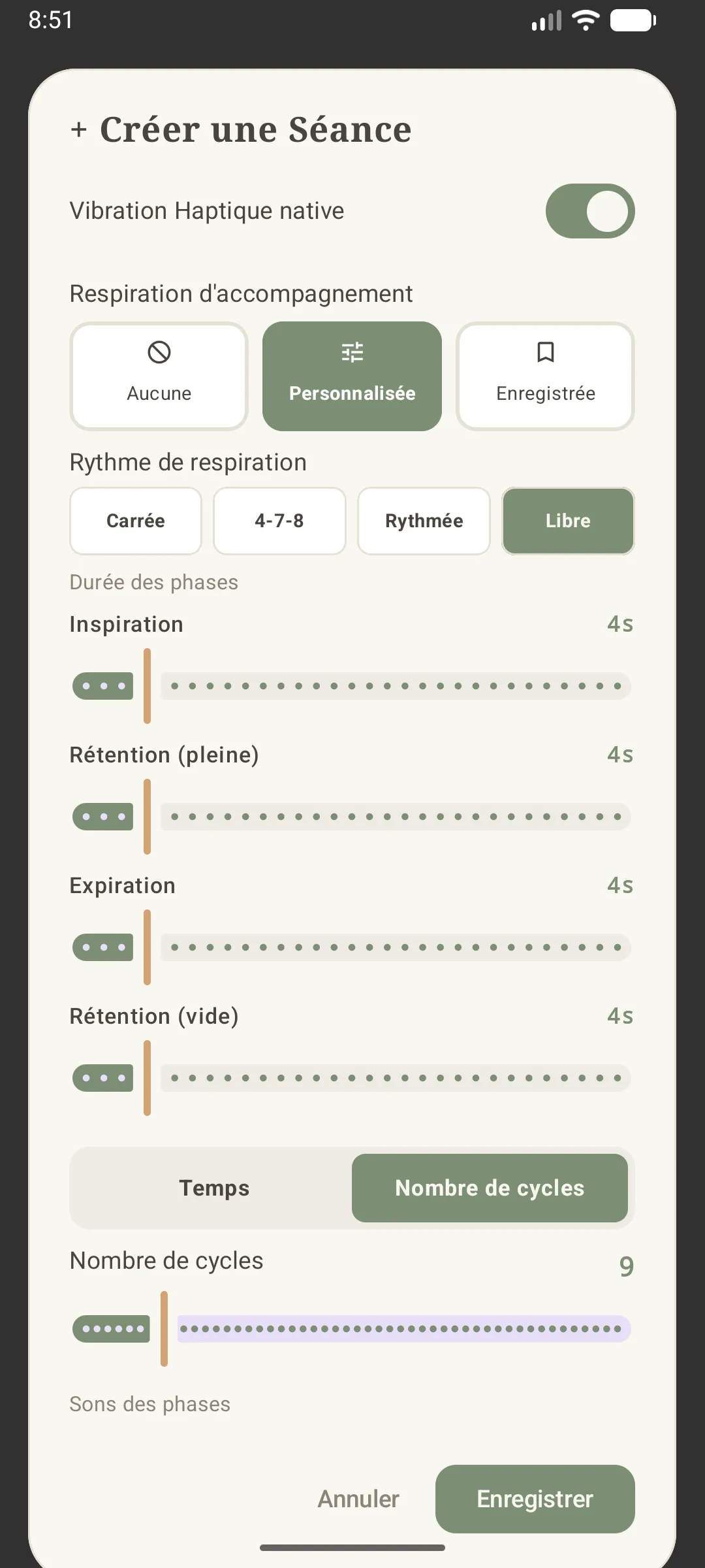 respiration d'accompagnement Personnalisée, motif Libre en mode Nombre de cycles