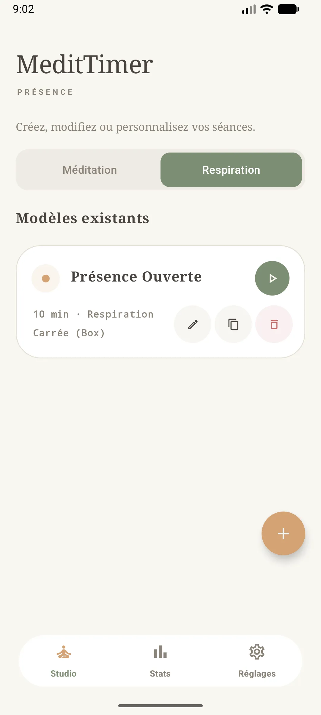 studio - onglet Respiration, une séance existante avec ses actions