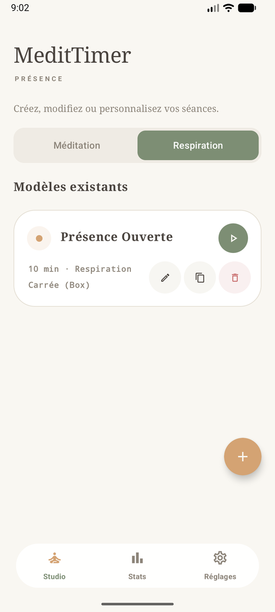 Écran d'accueil et liste des présets de respiration (Studio)